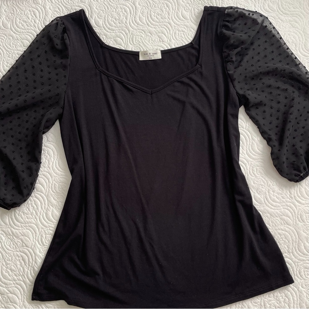 Kim & Cami Top Sweetheart Neckline Sheer 3/4 Length Puff Sleeves Size Large - Picture 5 of 15